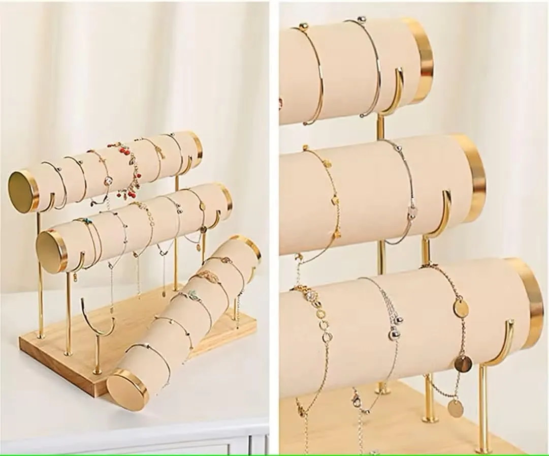Anklets Holder & Organizer gigantic Stand, Gold Detachable Rack, Wooden Base, Velvet Wrap, 10.5 x 6.25 x 8.6 inches(Beige) RJ Displays 3-Tier Bracelet Watch, Necklace, Bangles, 