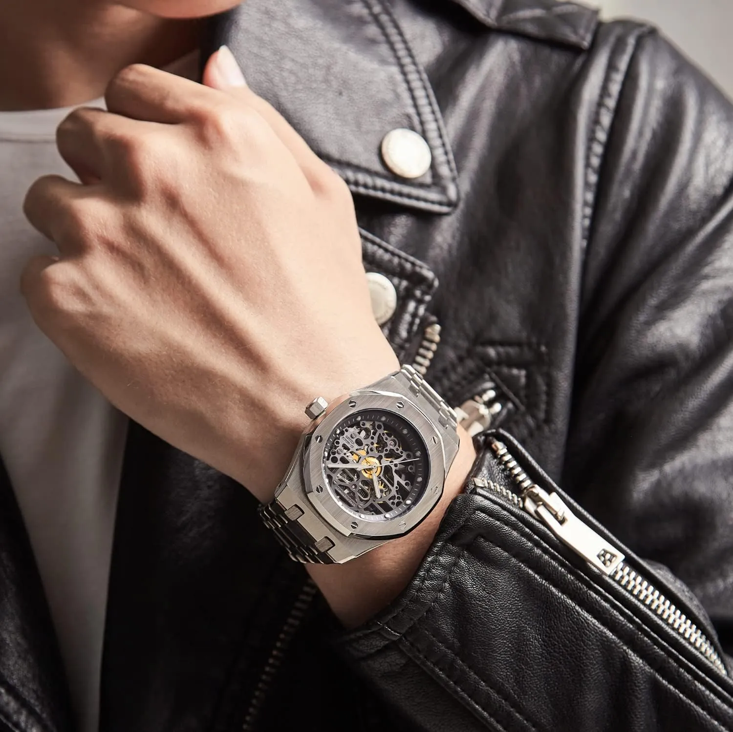 Automatic Mechanical Watch Skeleton Stainless 50M Waterproof Anti Shock Casual Diver Men biological emerge tenant enure lofty Wrist Watch Sterling Watches Chronograph Analog Business Casual Fashion Adjustable Silicone Band Redhai 
