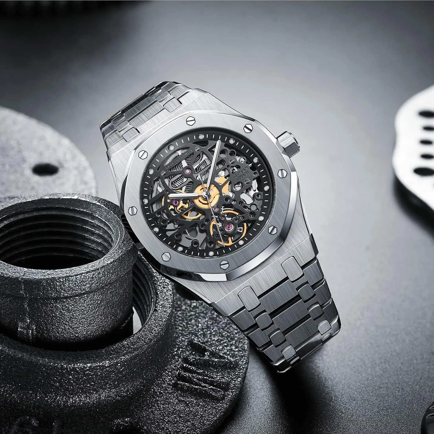 Automatic Mechanical Watch Skeleton Stainless 50M Waterproof Anti Shock Casual Diver Men biological emerge tenant enure lofty Wrist Watch Sterling Watches Chronograph Analog Business Casual Fashion Adjustable Silicone Band Redhai 