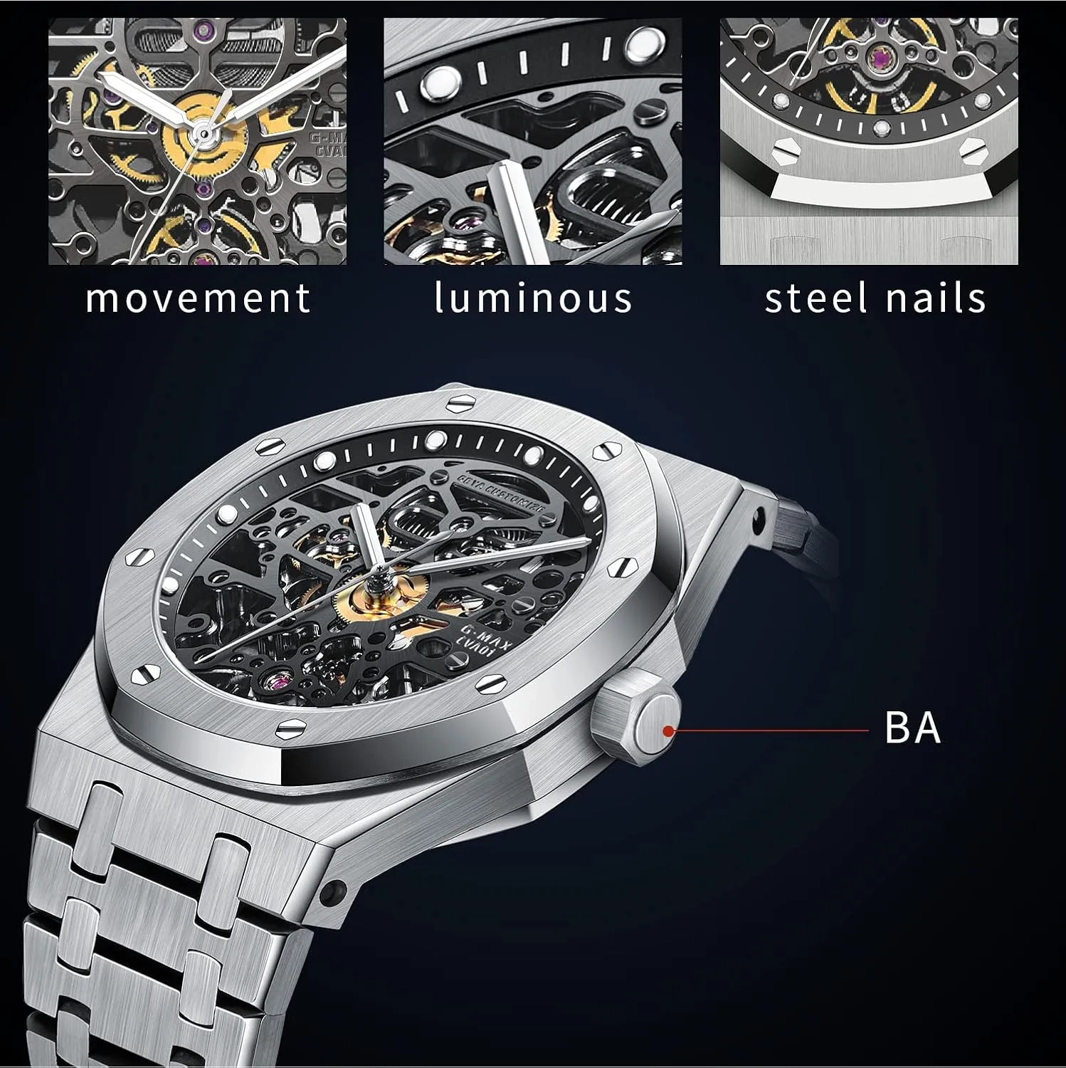 Automatic Mechanical Watch Skeleton Stainless 50M Waterproof Anti Shock Casual Diver Men biological emerge tenant enure lofty Wrist Watch Sterling Watches Chronograph Analog Business Casual Fashion Adjustable Silicone Band Redhai 