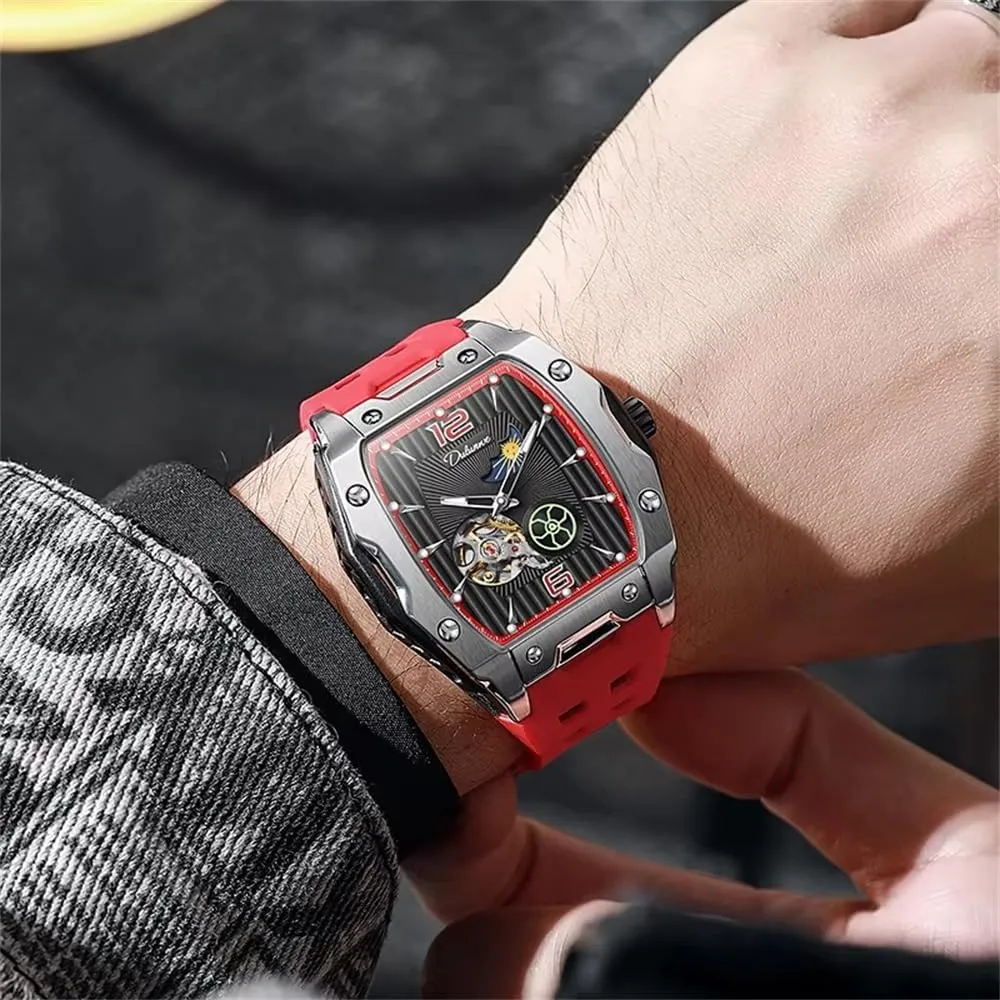 Automatic Mechanical Watch Waterproof Luminous Tonneau Dial Wristwatch Sports Mens Watches White Rubber Strap souvenir Hollow Out 