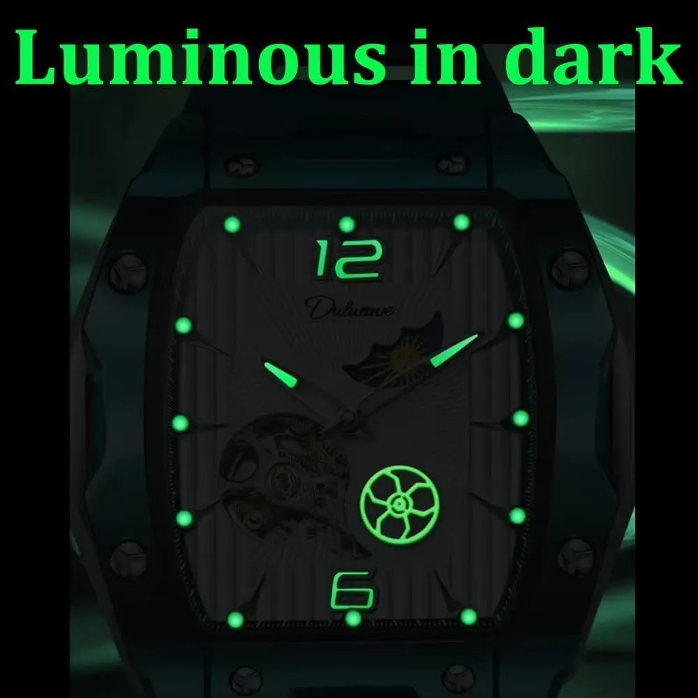 Automatic Mechanical Watch Waterproof Luminous Tonneau Dial Wristwatch Sports Mens Watches White Rubber Strap souvenir Hollow Out 