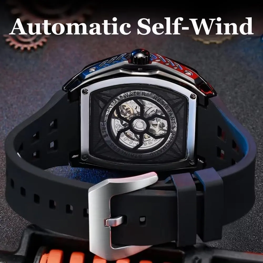 Automatic Mechanical Watch Waterproof Luminous Tonneau Dial Wristwatch Sports Mens Watches White Rubber Strap souvenir Hollow Out 