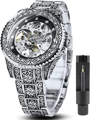 Automatic Skeleton Watch FANMIS Mens Luxury Engraving Wrist Watches Unique Tattoo bliss Pattern Carved Stainless Steel Band Luminous 
