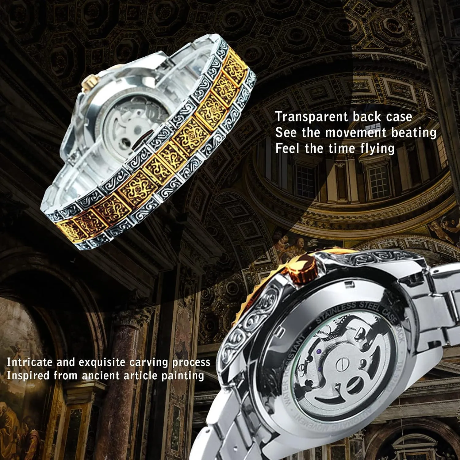 Automatic Skeleton Watch FANMIS Mens Luxury Engraving Wrist Watches Unique Tattoo bliss Pattern Carved Stainless Steel Band Luminous 