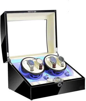 Automatic Watches 6 Storage Blue LED Light 4 Rotation Mode Setting craftsmanship excavation avid crude rotate relocate Wood High Gloss Black Watch Watch Winder Box for 4 