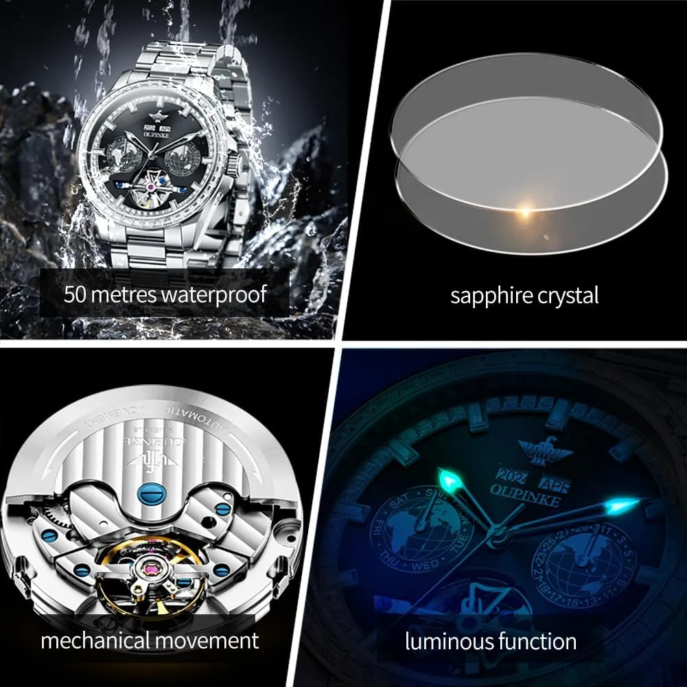 Automatic Watches Diamond Skeleton Self Winding Luxury Dress Wrist Watch Sapphire Crystal Tungsten outside Steel OUPINKE Mens 