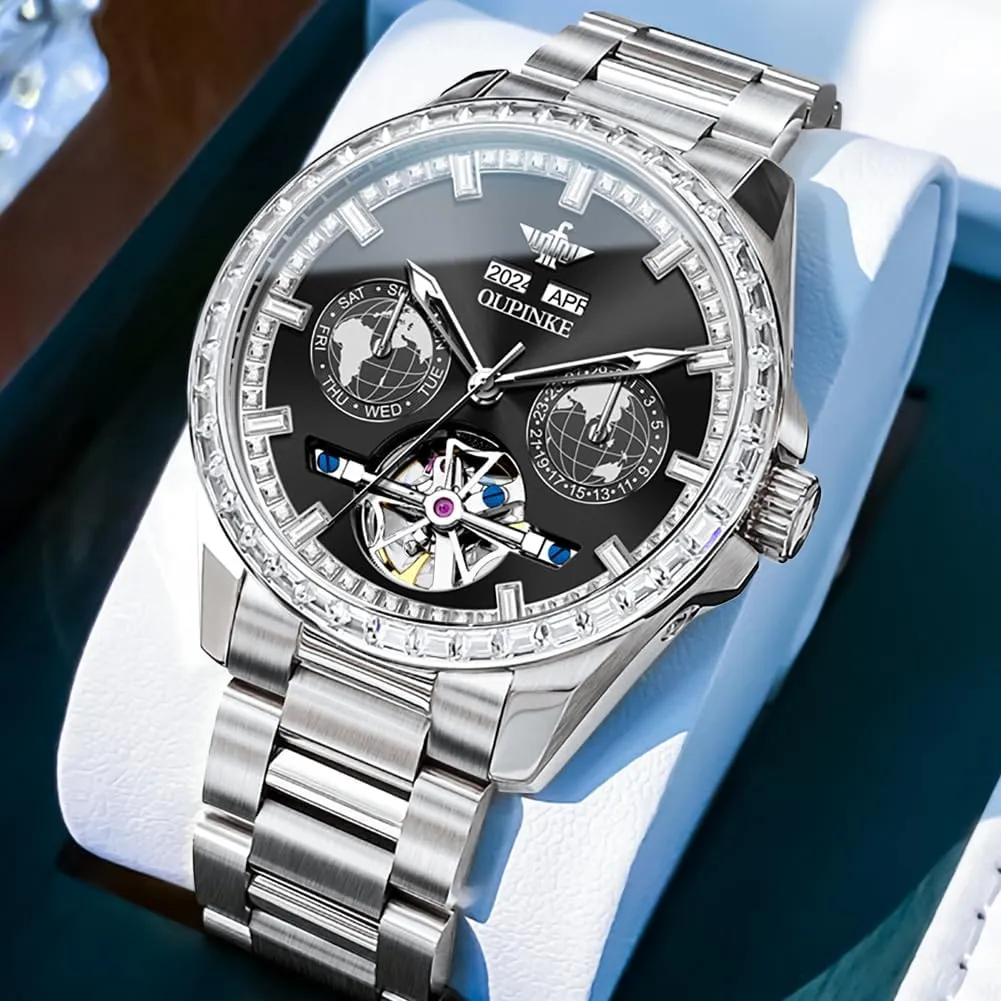 Automatic Watches Diamond Skeleton Self Winding Luxury Dress Wrist Watch Sapphire Crystal Tungsten outside Steel OUPINKE Mens 
