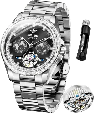 Automatic Watches Diamond Skeleton Self Winding Luxury Dress Wrist Watch Sapphire Crystal Tungsten outside Steel OUPINKE Mens 