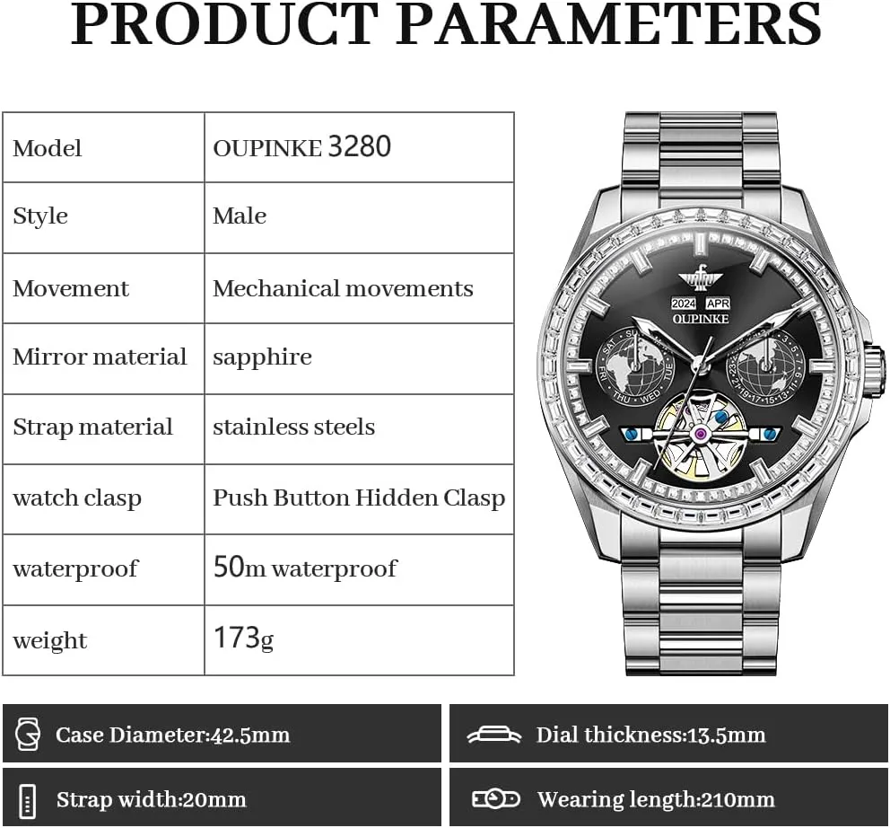 Automatic Watches Diamond Skeleton Self Winding Luxury Dress Wrist Watch Sapphire Crystal Tungsten outside Steel OUPINKE Mens 