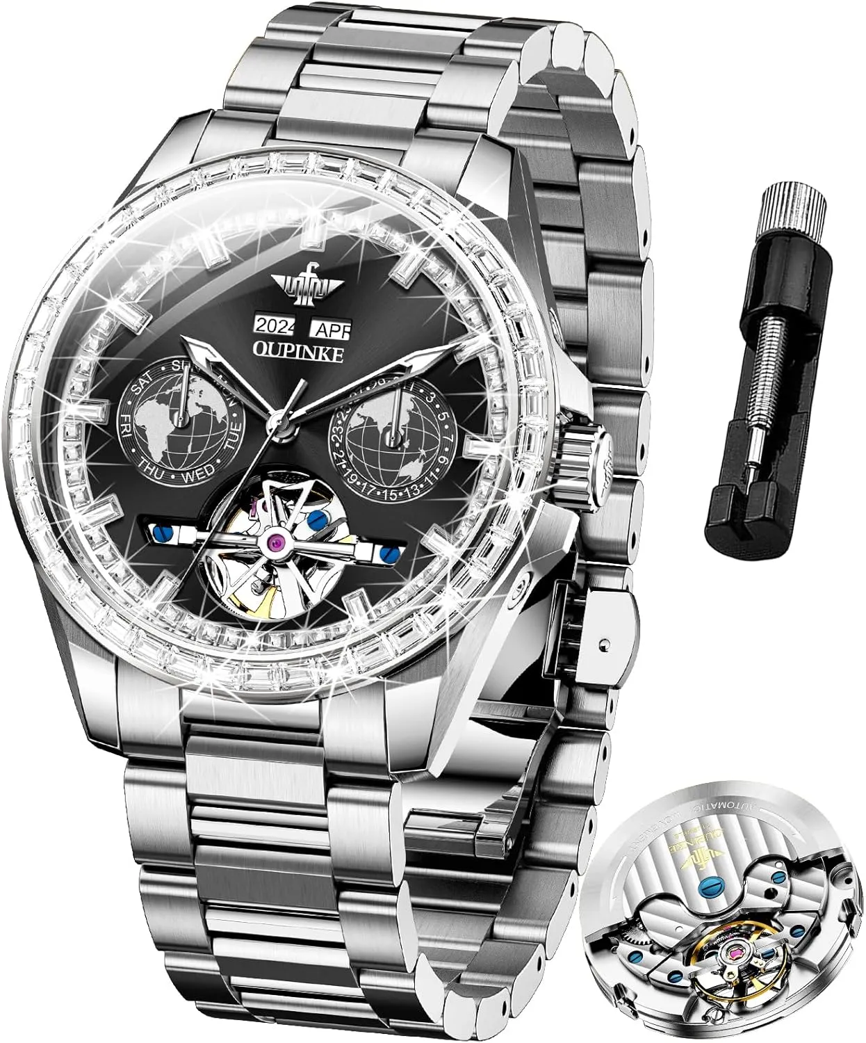 Automatic Watches Diamond Skeleton Self Winding Luxury Dress Wrist Watch Sapphire Crystal Tungsten outside Steel OUPINKE Mens 
