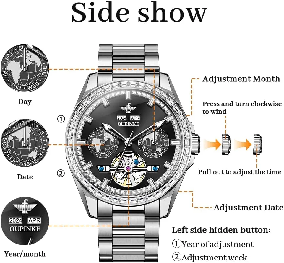 Automatic Watches Diamond Skeleton Self Winding Luxury Dress Wrist Watch Sapphire Crystal Tungsten outside Steel OUPINKE Mens 