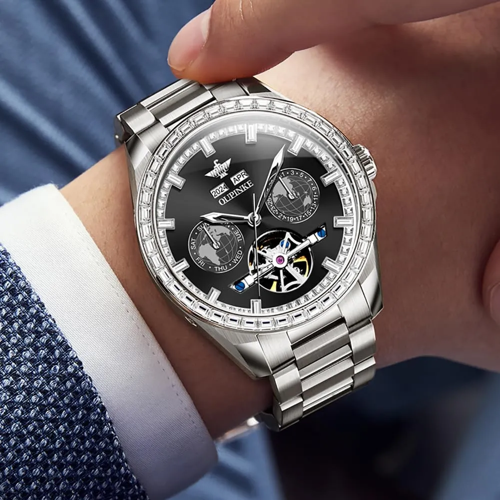 Automatic Watches Diamond Skeleton Self Winding Luxury Dress Wrist Watch Sapphire Crystal Tungsten outside Steel OUPINKE Mens 