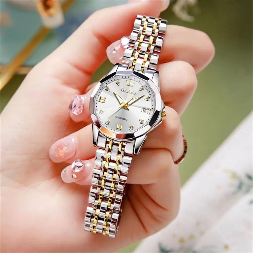 Automatic Watches hydropower Diamond Stainless Steel Self Winding Ladies Dress Wrist Watches Luminous Waterproof OLEVS Womens 