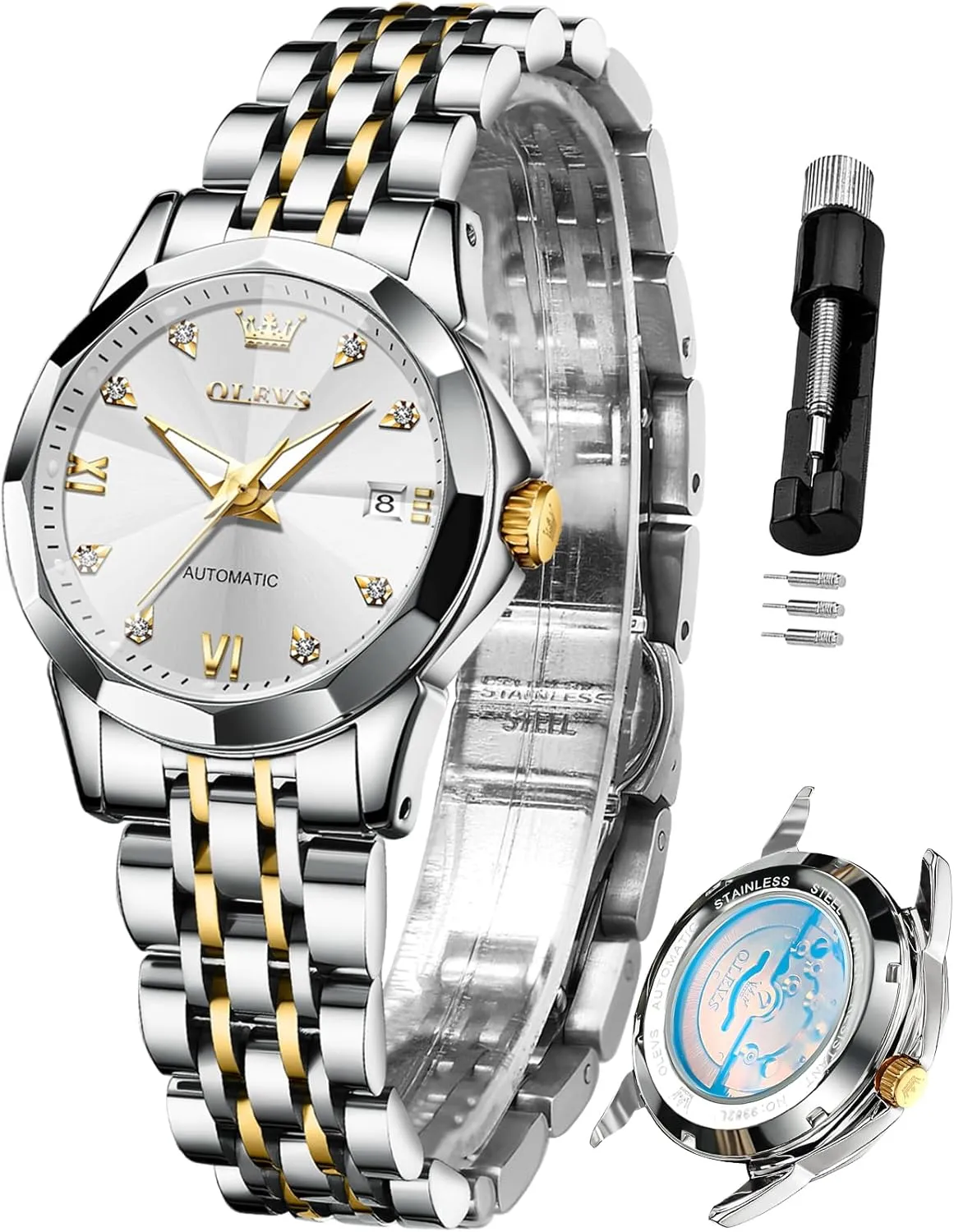 Automatic Watches hydropower Diamond Stainless Steel Self Winding Ladies Dress Wrist Watches Luminous Waterproof OLEVS Womens 