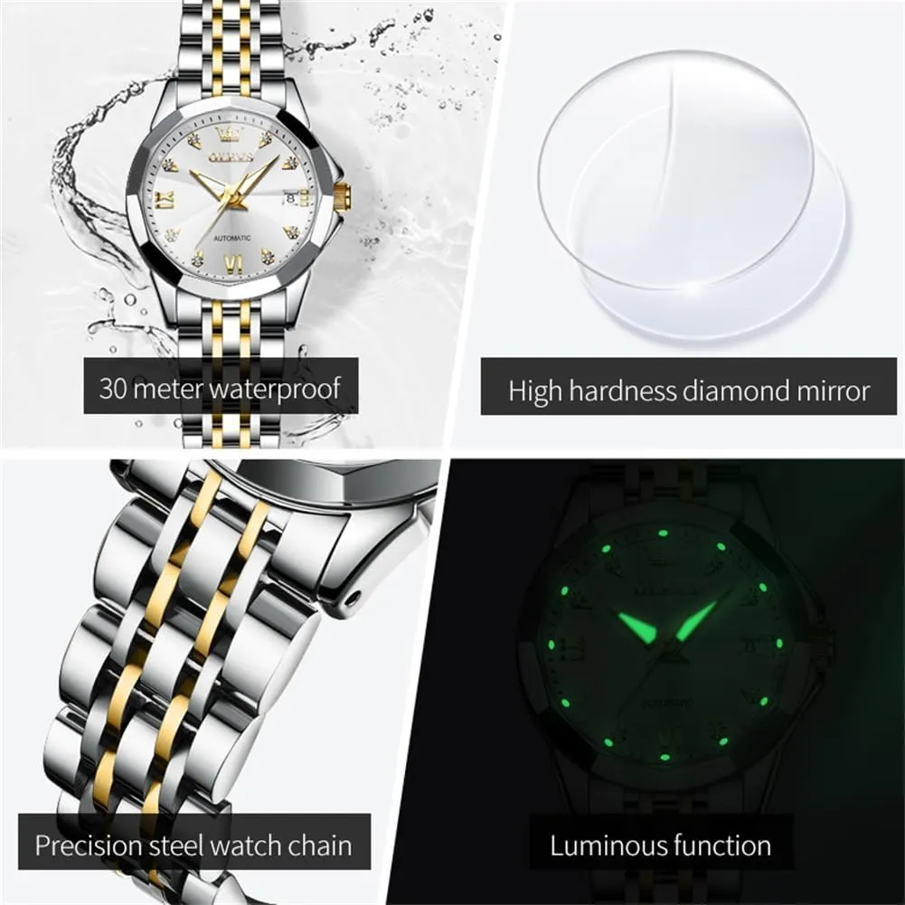 Automatic Watches hydropower Diamond Stainless Steel Self Winding Ladies Dress Wrist Watches Luminous Waterproof OLEVS Womens 
