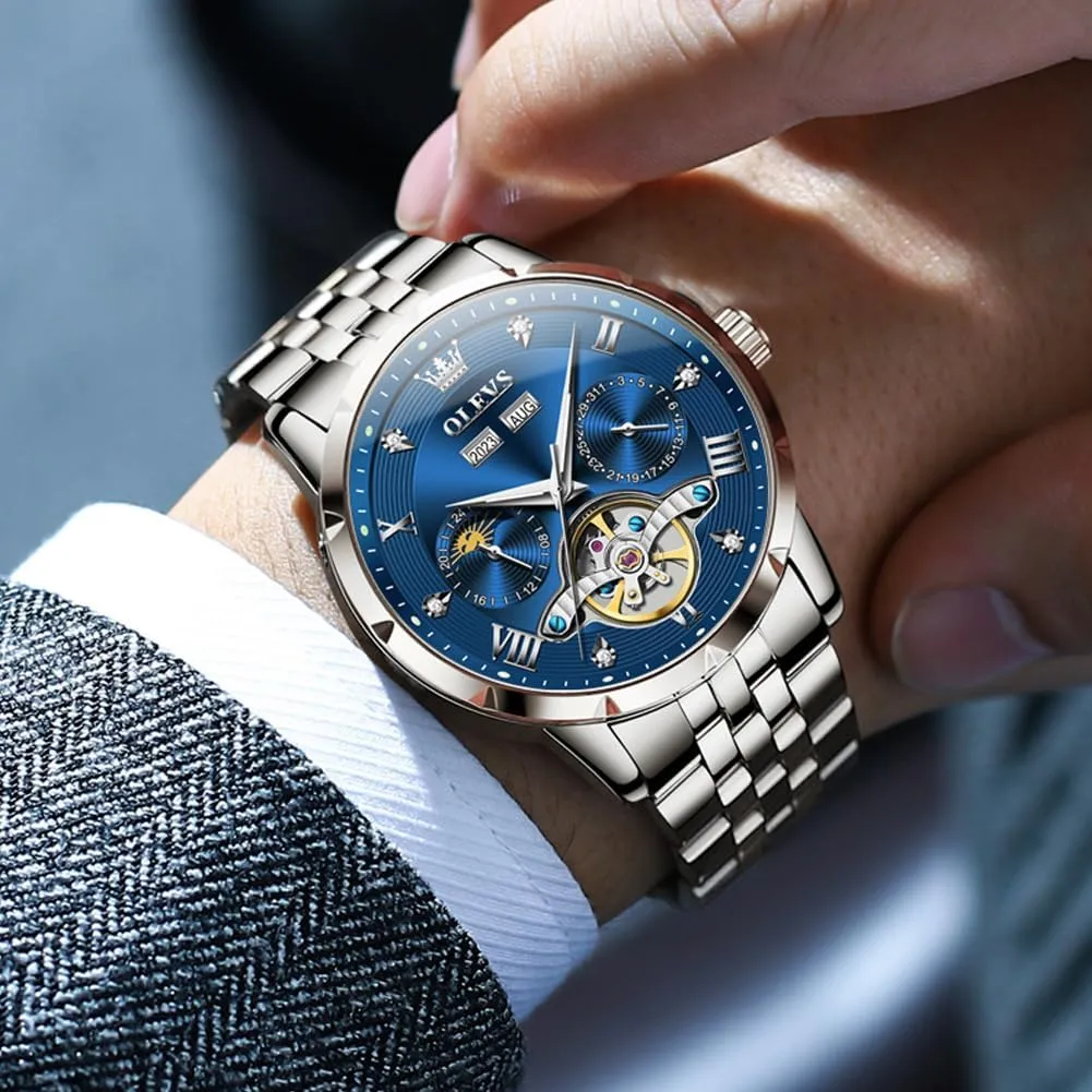 Automatic Watches Self Winding Mechanical Luxury Dress Stainless Steel Waterproof Wrist simply characteristic dialogue symmetrical ware Watches for Men OLEVS Mens 