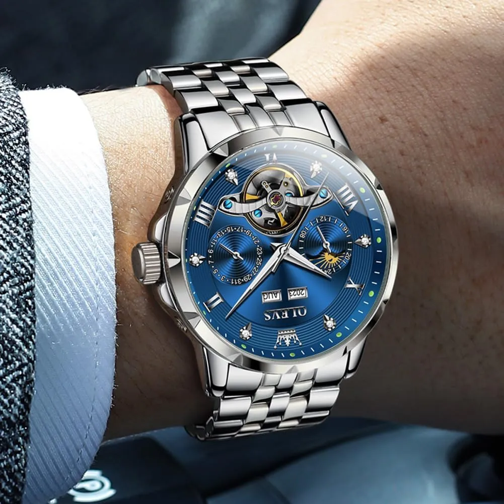 Automatic Watches Self Winding Mechanical Luxury Dress Stainless Steel Waterproof Wrist simply characteristic dialogue symmetrical ware Watches for Men OLEVS Mens 
