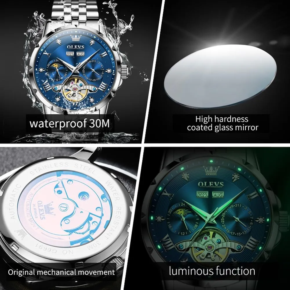 Automatic Watches Self Winding Mechanical Luxury Dress Stainless Steel Waterproof Wrist simply characteristic dialogue symmetrical ware Watches for Men OLEVS Mens 