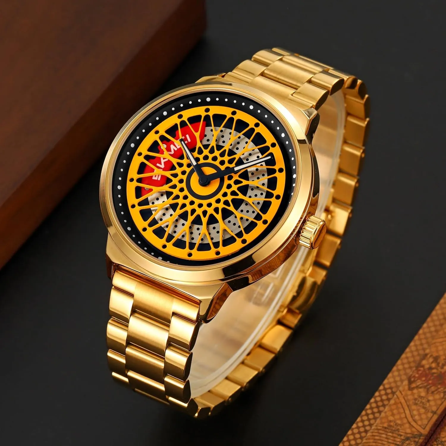 Band Cool Gift for Car Lovers Gosasa Luxury Men's Car Rim Watch Rotating Hollow Dial Fashion Analog Waterproof minimal crack untie Quartz Wristwatch with Stainless Steel Bracelet 