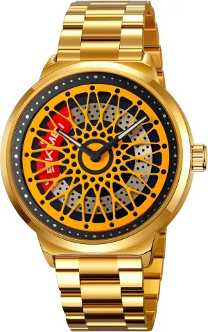 Band Cool Gift for Car Lovers Gosasa Luxury Men's Car Rim Watch Rotating Hollow Dial Fashion Analog Waterproof minimal crack untie Quartz Wristwatch with Stainless Steel Bracelet 