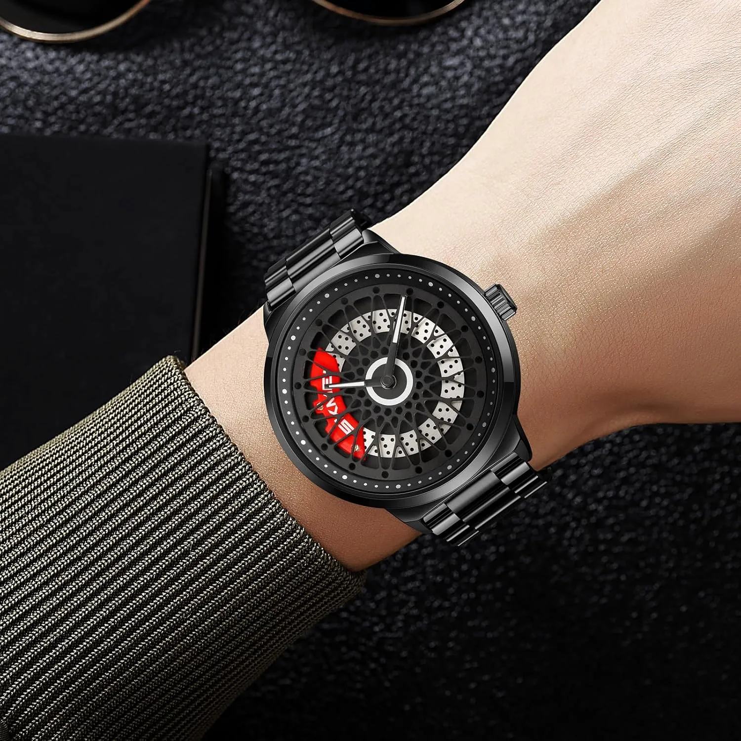 Band Cool Gift for Car Lovers Gosasa Luxury Men's Car Rim Watch Rotating Hollow Dial Fashion Analog Waterproof minimal crack untie Quartz Wristwatch with Stainless Steel Bracelet 