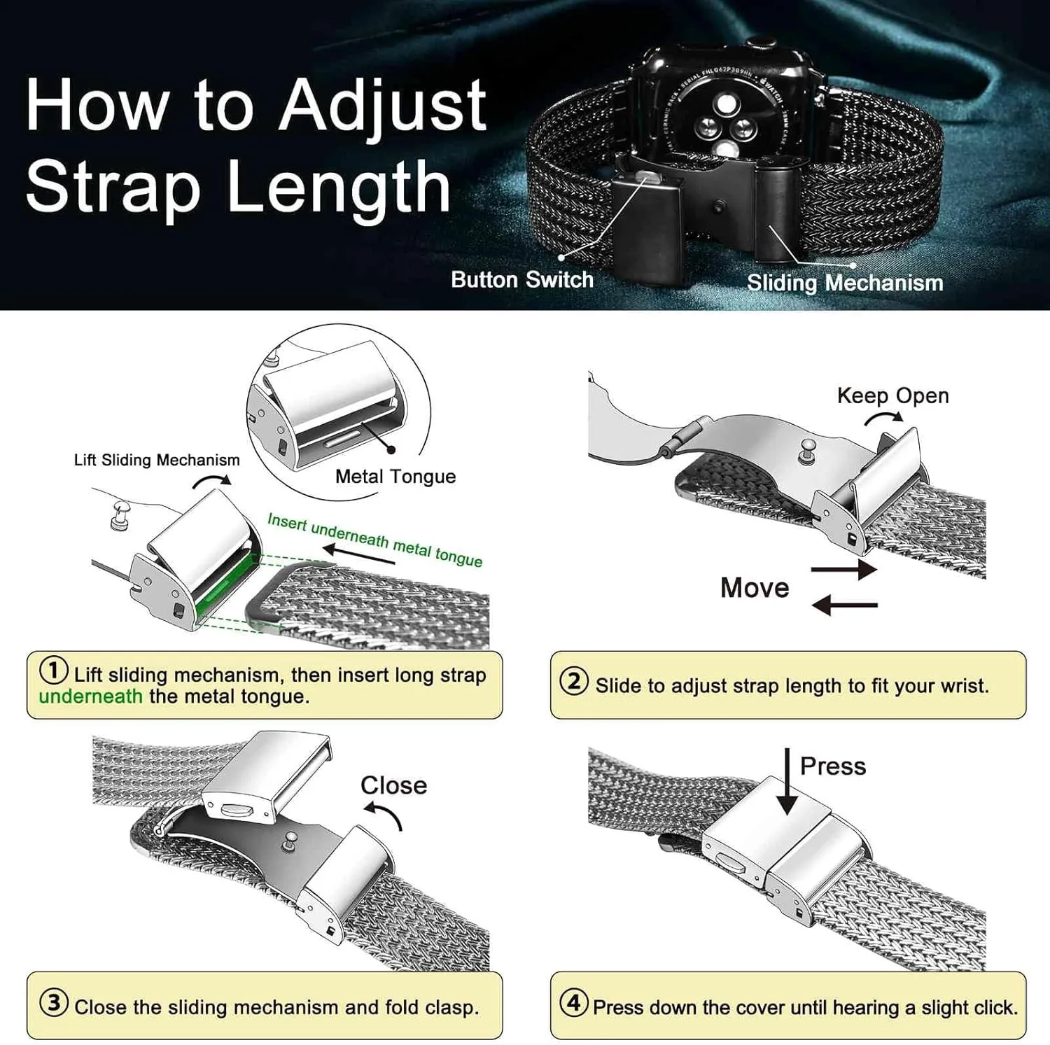 Band for Women and Men, Mesh Woven, 316L Stainless Steel, Quick Release, Fold Clasp, Strap Width 14mm 16mm 18mm 20mm compare 22mm WOCCI Elite Metal Watch 