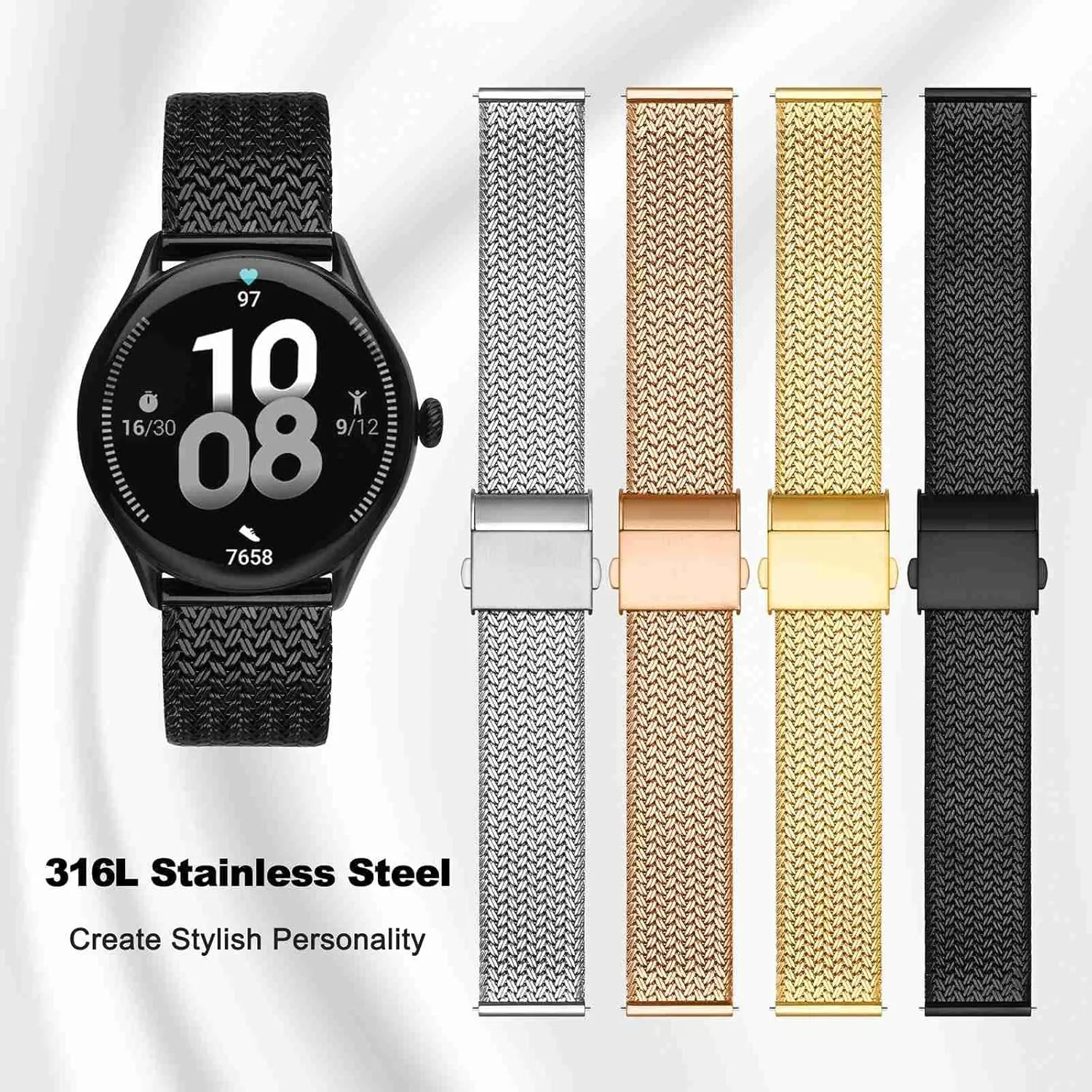Band for Women and Men, Mesh Woven, 316L Stainless Steel, Quick Release, Fold Clasp, Strap Width 14mm 16mm 18mm 20mm compare 22mm WOCCI Elite Metal Watch 