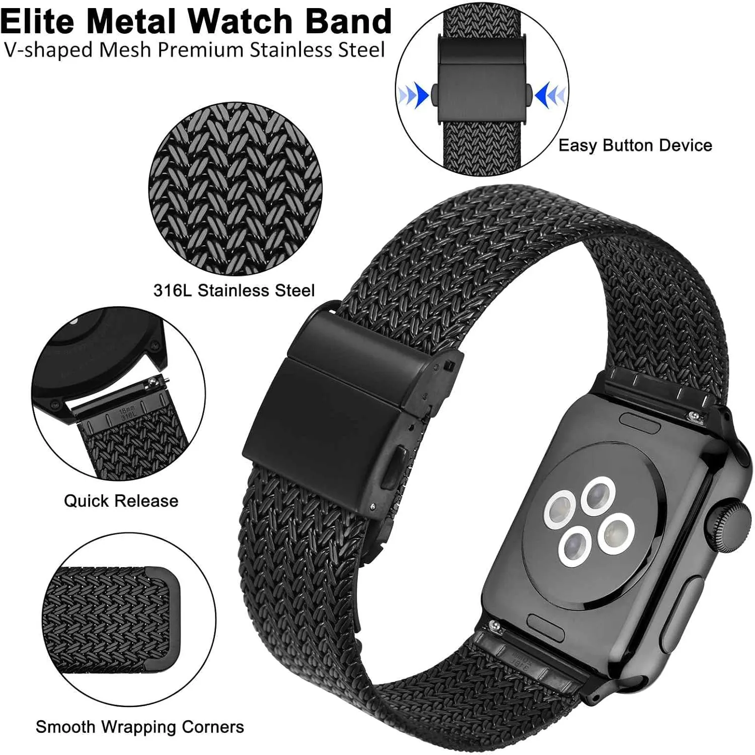 Band for Women and Men, Mesh Woven, 316L Stainless Steel, Quick Release, Fold Clasp, Strap Width 14mm 16mm 18mm 20mm compare 22mm WOCCI Elite Metal Watch 