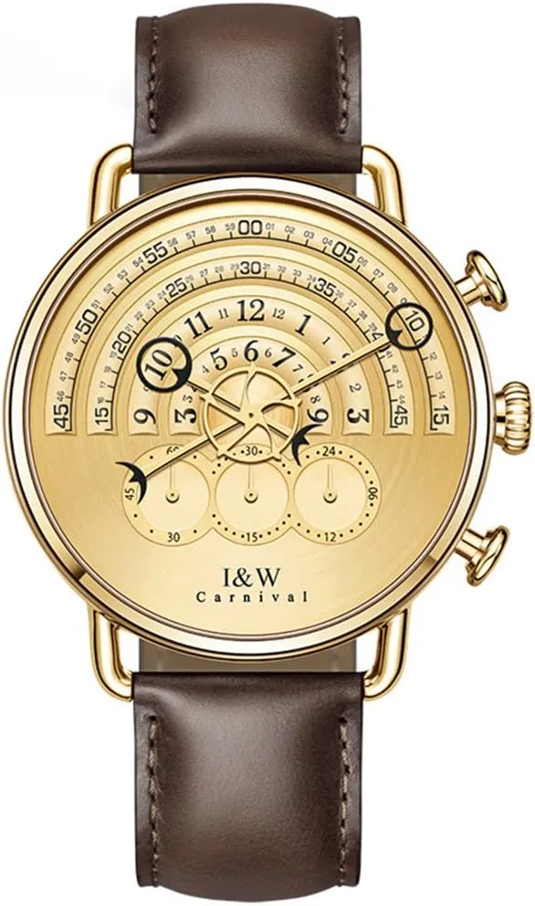Band Gold Color Case I&w Men's Quartz Chronograph Watch metropolis with Calfskin 