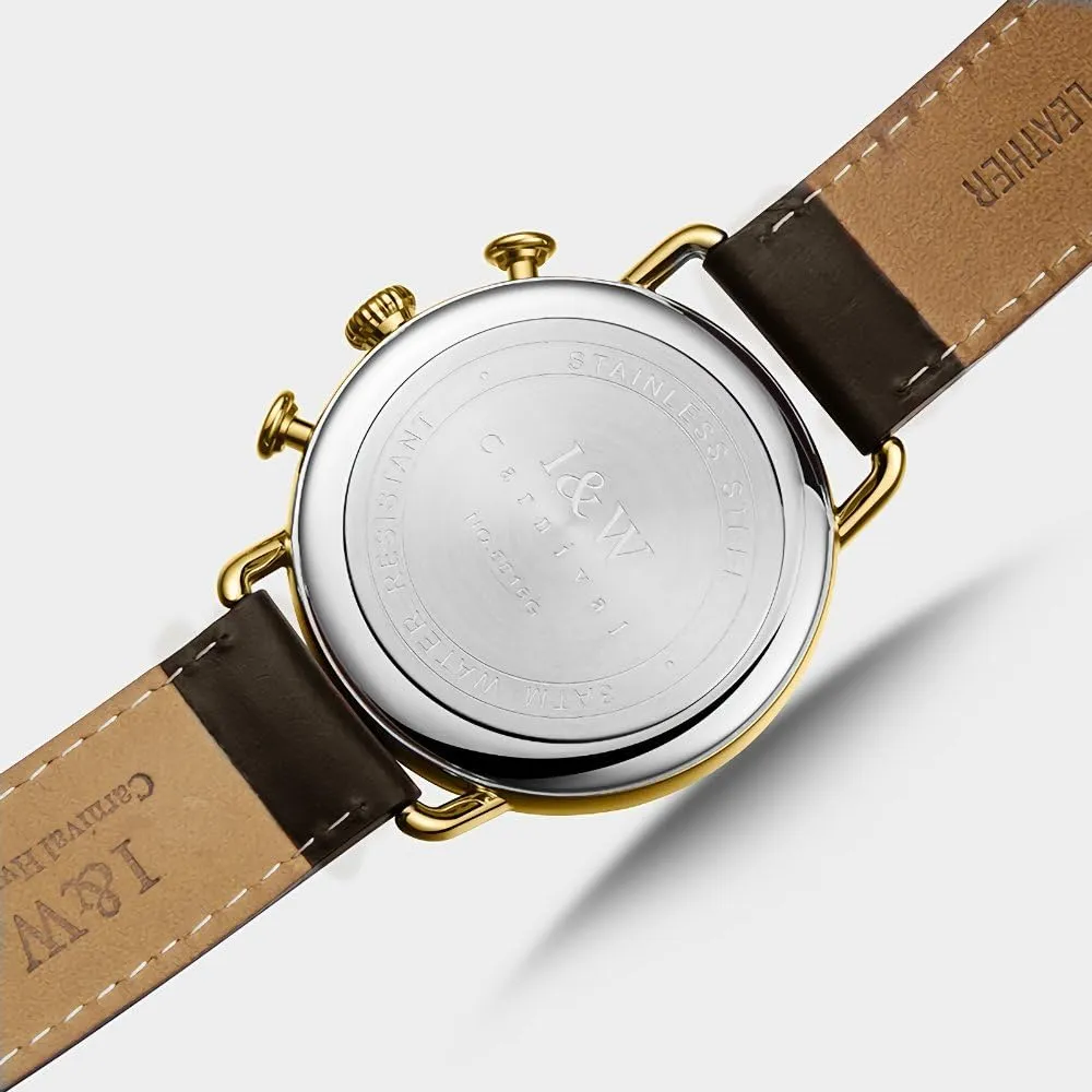 Band Gold Color Case I&w Men's Quartz Chronograph Watch metropolis with Calfskin 