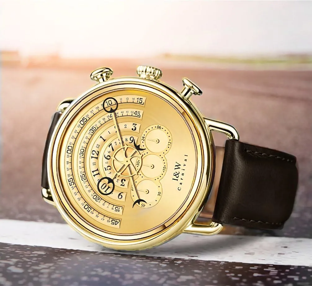 Band Gold Color Case I&w Men's Quartz Chronograph Watch metropolis with Calfskin 