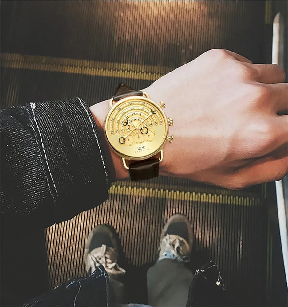 Band Gold Color Case I&w Men's Quartz Chronograph Watch metropolis with Calfskin 