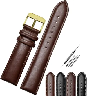 Band Premium Watchband Replacement for liberate Men & Women Watch Strap with Stitches Brown Black Color Compatible Most Watches Jaxon Strap Gold Buckle Pin Top Grain Padded Leather Watch 