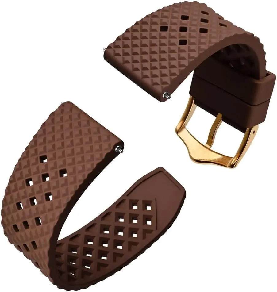 Band Quick Release Replacement Watchband with Stainless Steel Buckle(Brown-Gold Buckle,18mm) Fluoro thorn Rubber Watch Strap 18mm 20mm 22mm Waterproof 