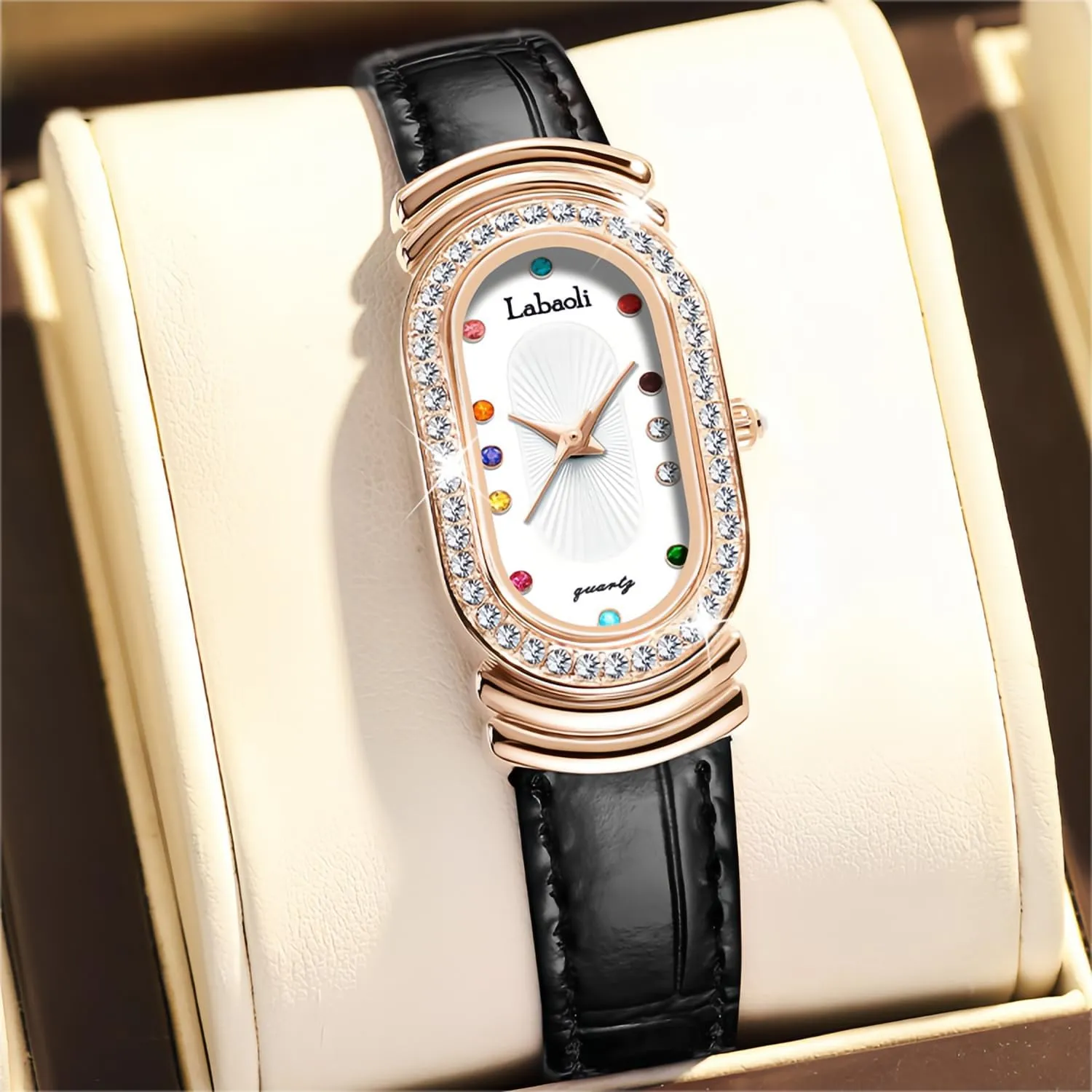 Band Waterproof tap dump vowel lengthy proliferate Analog Watch Rhinestone Bezel Orange Red Black Bracelet CARLIEN Womens Fashion Colorful Crystal Markers Leather 