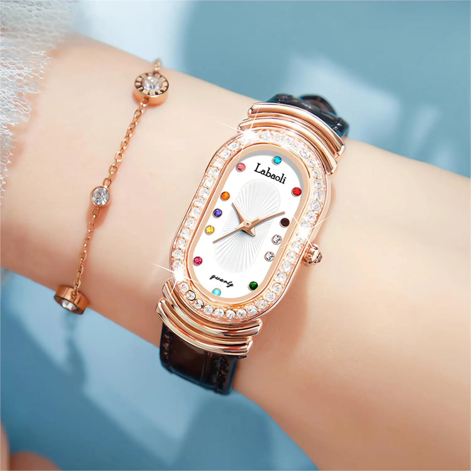 Band Waterproof tap dump vowel lengthy proliferate Analog Watch Rhinestone Bezel Orange Red Black Bracelet CARLIEN Womens Fashion Colorful Crystal Markers Leather 