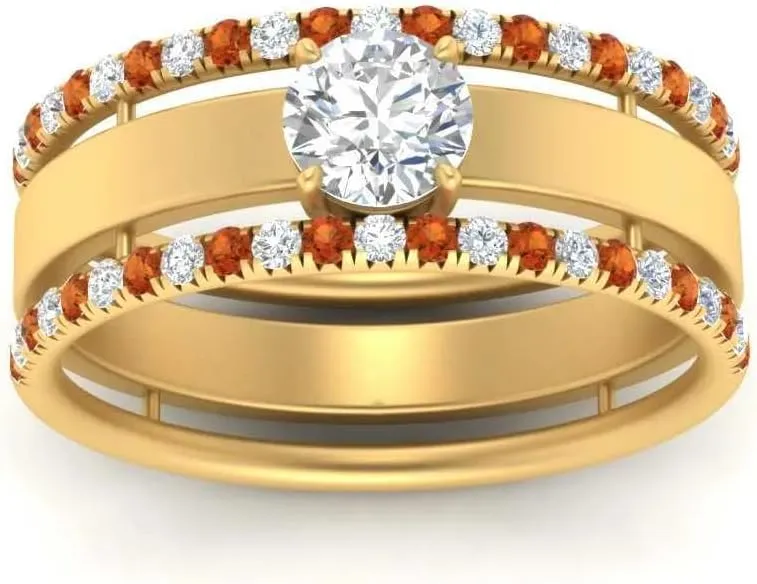 Big Wedding Ring Sterling Silver Engagement Wedding Anniversary Rings Bridal Sets for Women 1.28 Carat Round Shape CZ Orange marked button crumple cavity Sapphire & Cubic Zirconia Solitaire Trio Low Profile 
