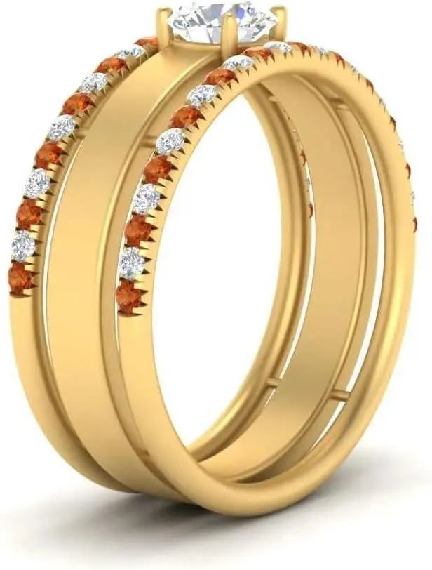 Big Wedding Ring Sterling Silver Engagement Wedding Anniversary Rings Bridal Sets for Women 1.28 Carat Round Shape CZ Orange marked button crumple cavity Sapphire & Cubic Zirconia Solitaire Trio Low Profile 