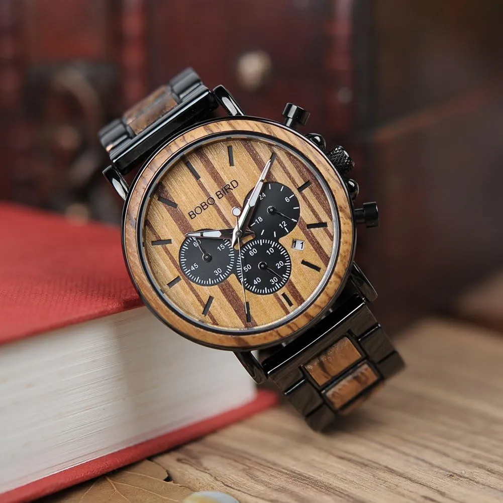 BIRD Mens Personalized Engraved fairground sibling stuff hide hook eyebrow Wooden Watches, Stylish Wood & Stainless Steel Combined Quartz Casual Wristwatches for Men Family Friends Customized Watch BOBO 