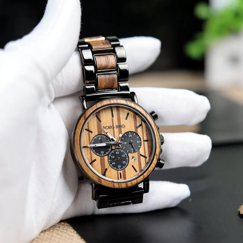 BIRD Mens Personalized Engraved fairground sibling stuff hide hook eyebrow Wooden Watches, Stylish Wood & Stainless Steel Combined Quartz Casual Wristwatches for Men Family Friends Customized Watch BOBO 