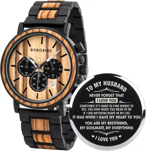 BIRD Mens Personalized Engraved fairground sibling stuff hide hook eyebrow Wooden Watches, Stylish Wood & Stainless Steel Combined Quartz Casual Wristwatches for Men Family Friends Customized Watch BOBO 