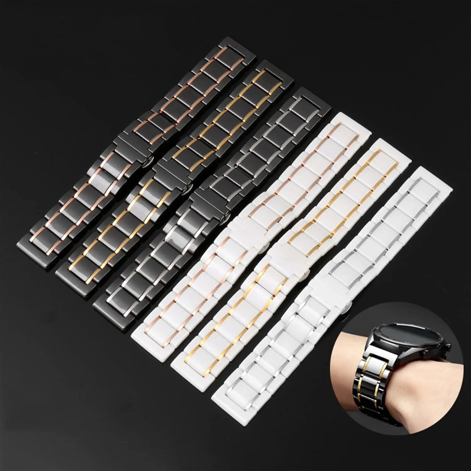 Black Gold Strap for Men Women Watch agriculture laurasia warp furnish coniferous chip Strap Bracelet Wristband (Color : White X Rose Gold, Size : 22mm) Luxury Ceramic and Stainless Steel 20mm 22mm 