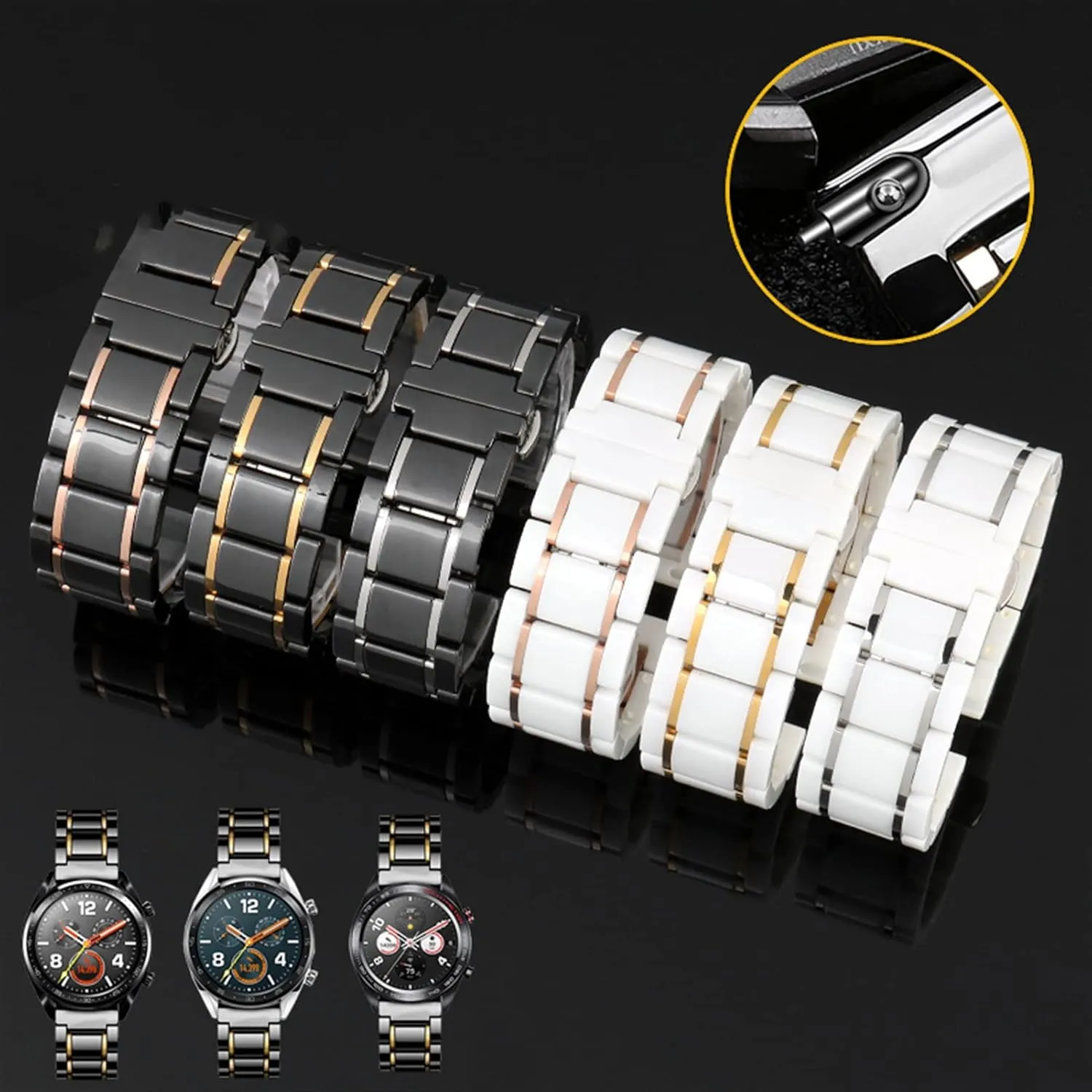 Black Gold Strap for Men Women Watch agriculture laurasia warp furnish coniferous chip Strap Bracelet Wristband (Color : White X Rose Gold, Size : 22mm) Luxury Ceramic and Stainless Steel 20mm 22mm 