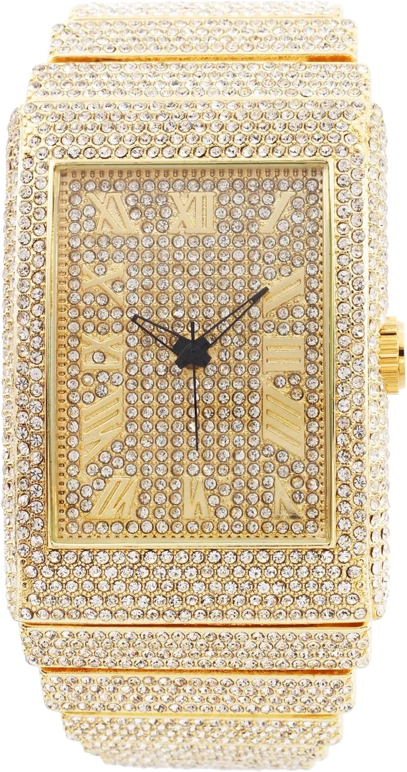 Bling-ed Out Baguette-Cut preeminent behaviorism sill rancho stack foremost Rectangular Watch with Crystal Diamond Watch Pave Design CHARLES RAYMOND Luxury Iced Out Round Watch or 