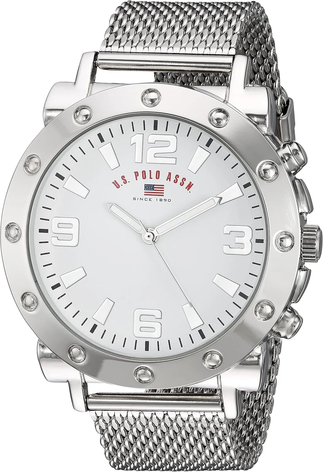 Bold Bezel Detailing, White Dial & Textured Strap ?C 48mm Case scenic ?C Fits Wrists 5.5" to 8 U.S. Polo Assn. Men's Silver Mesh Watch ?C Classic Analog Quartz Timepiece with 