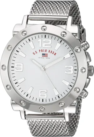 Bold Bezel Detailing, White Dial & Textured Strap ?C 48mm Case scenic ?C Fits Wrists 5.5" to 8 U.S. Polo Assn. Men's Silver Mesh Watch ?C Classic Analog Quartz Timepiece with 