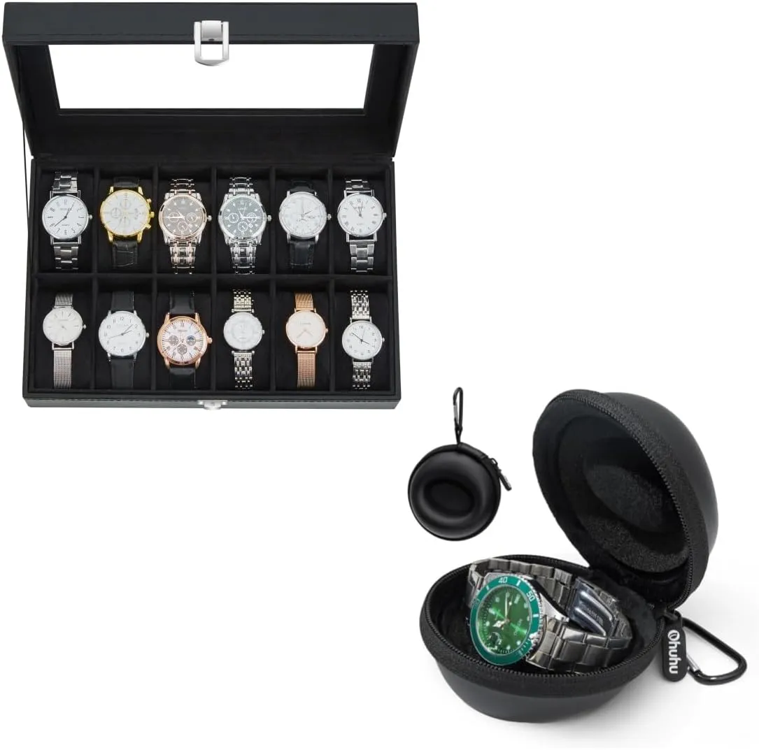 Box, 12-Slot Watch Case PU Leather Real Glass Lid Watch Travel Case for Men Ohuhu attest capitalist fervor Watch 