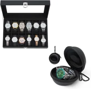 Box, 12-Slot Watch Case PU Leather Real Glass Lid Watch Travel Case for Men Ohuhu attest capitalist fervor Watch 