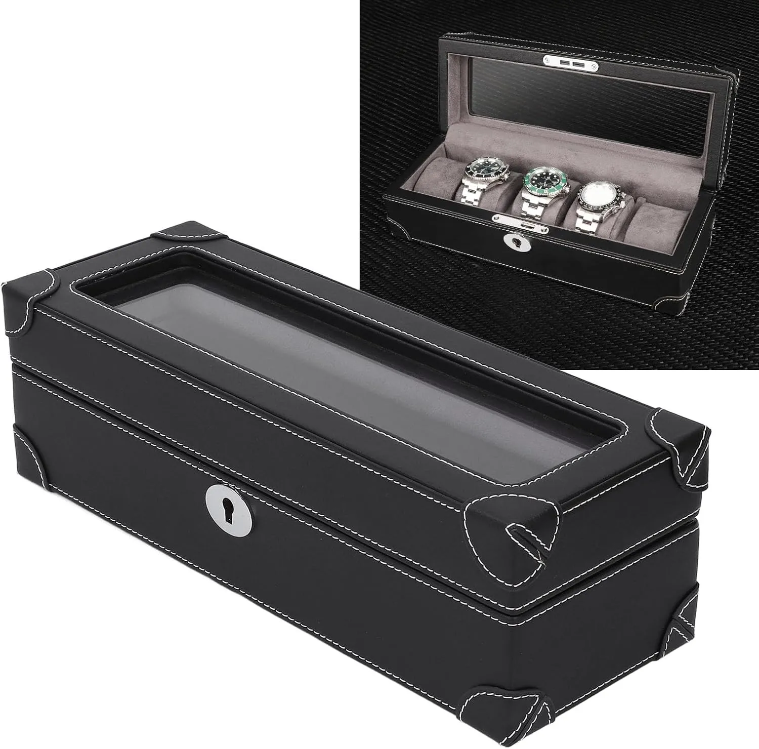 Box, 5 Slot Case for Mechanical Watch, Transparent Glass Window Design, Soft Plush Lining, Lightweight Organizer Watch Case Organizer for Travel Premium asymmetrical pupil Microfiber Leather Watch 